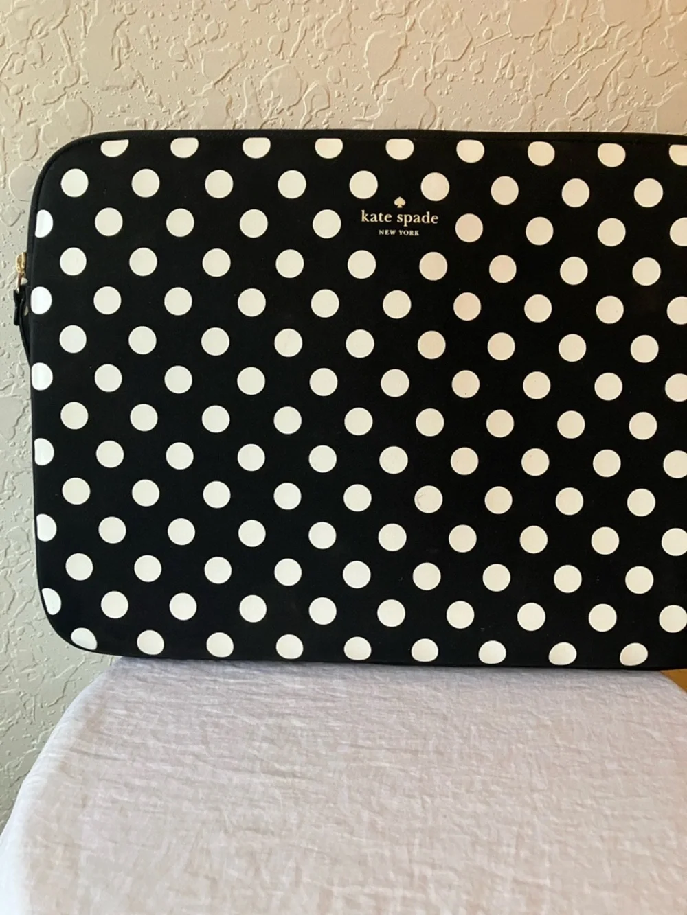 kate spade: Black & White Polka Dot Tablet Sleeve- Gold Tone- Storybook Lining